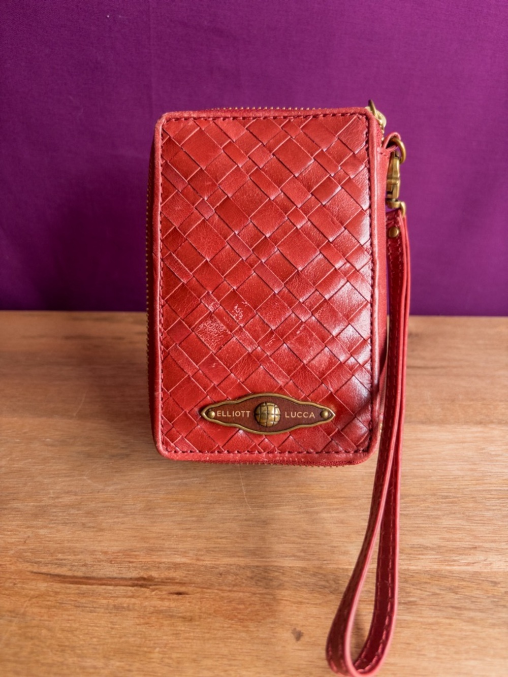 Elliott Lucca Red Woven Leather Zip Wallet Wristlet Card Holder